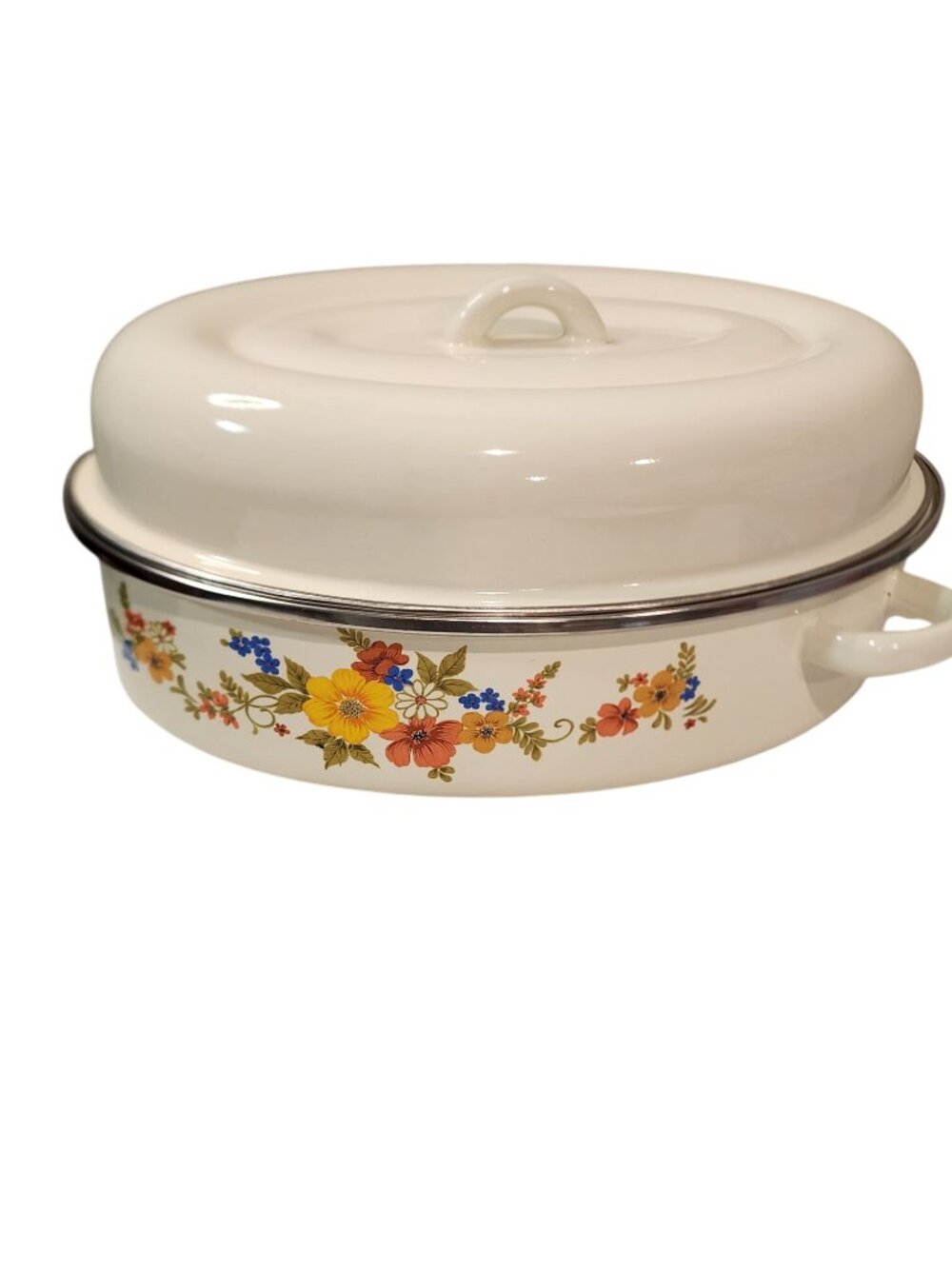 vintage JMP "Sweet Flowers" enamelware roasting pan with lid